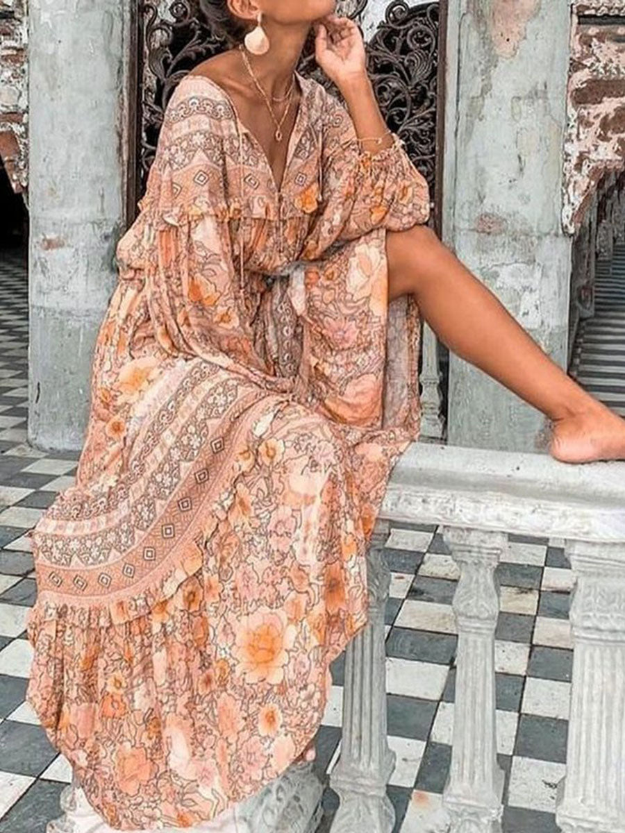 Tribal Long Sleeve Boho Cotton Shift Maxi Dress