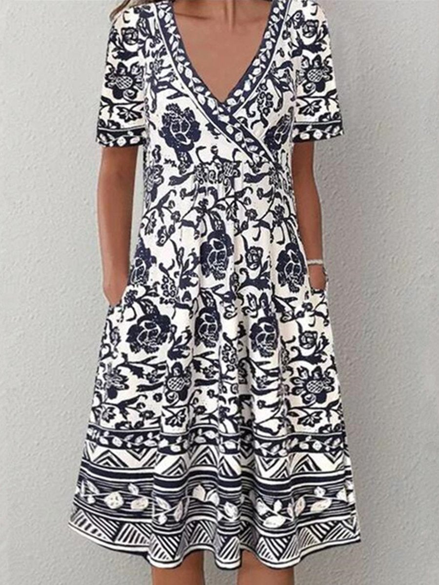 V-neck Short Sleeve Pockets Midi Dress