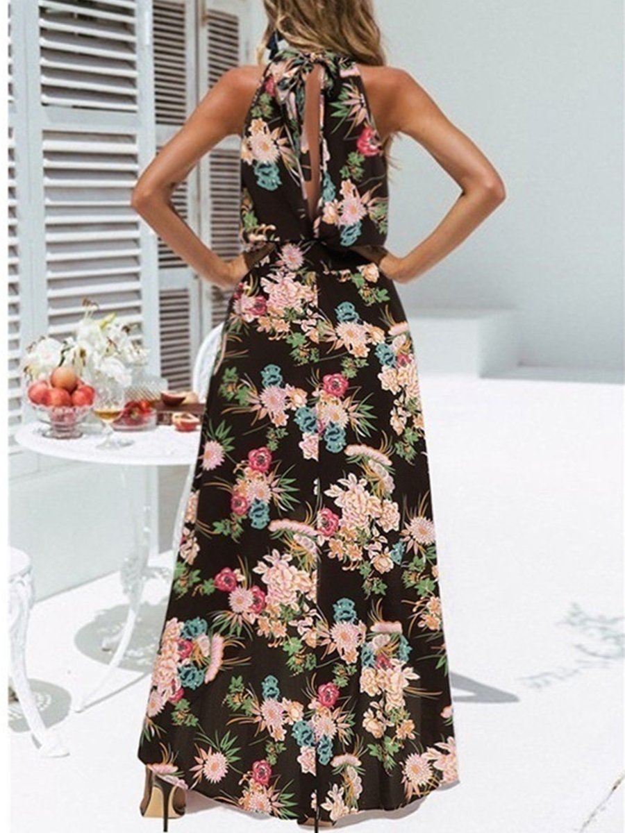 Half-high Neck Cutout Asymmetrical Print Dress