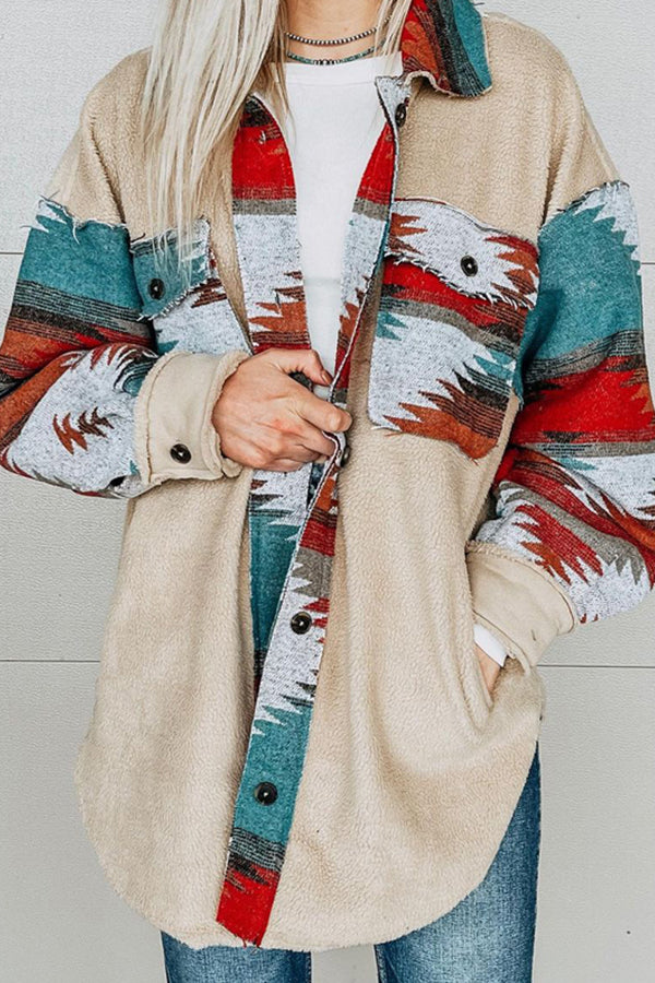 Lapel Cardigan Ethnic Print Plush Jacket