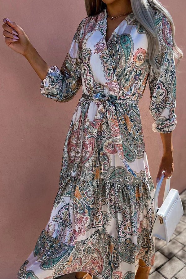Printed V-Neck Tie Midi Dress