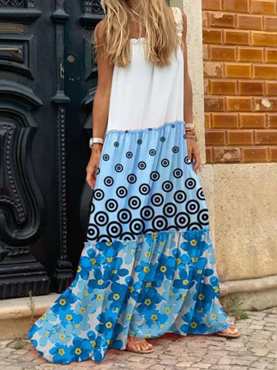Casual Straps Dot Flower Print Colorblock Maxi Dress
