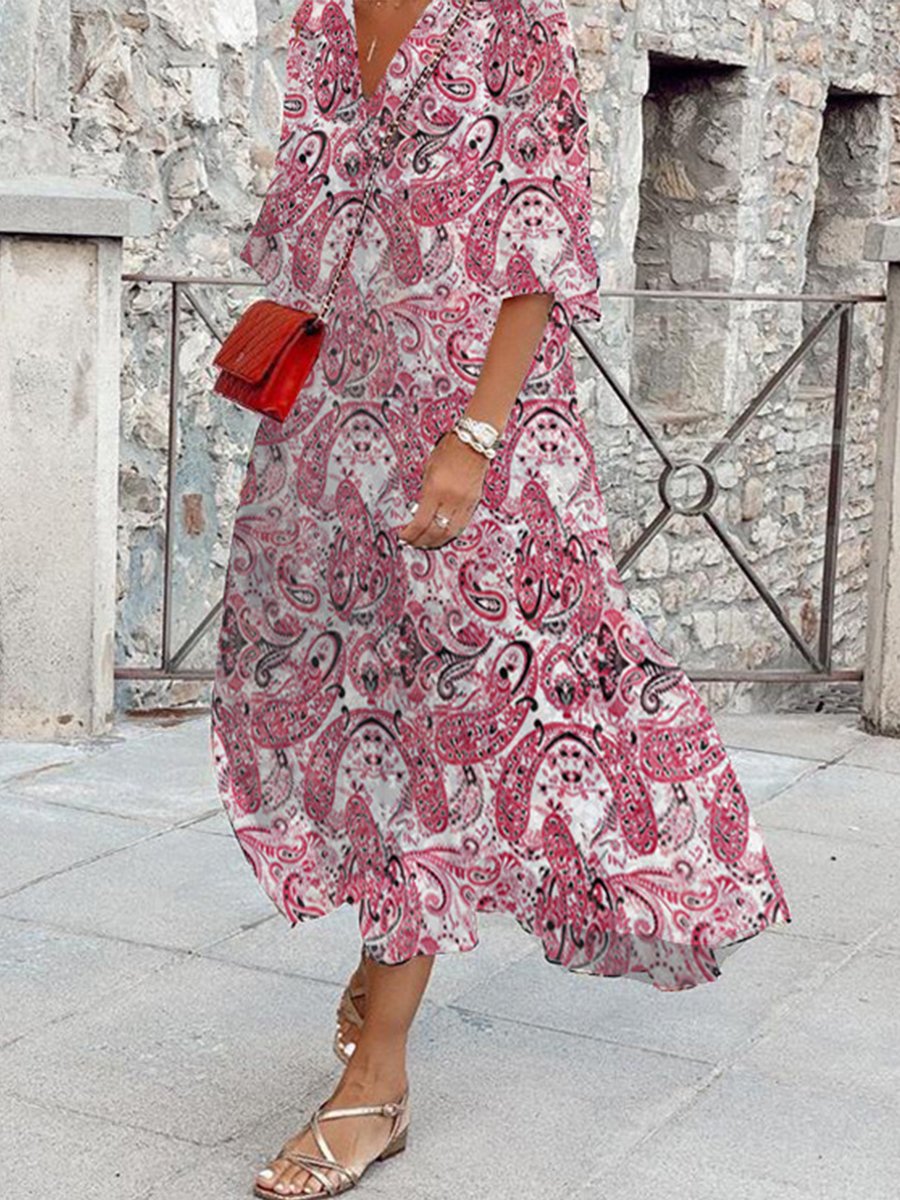 V-neck Boho Print Cotton Blend Maxi Dress