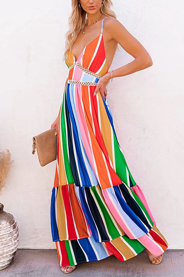 Rainbow Stripe Print Lace Stitching Deep V Strap Long Dress