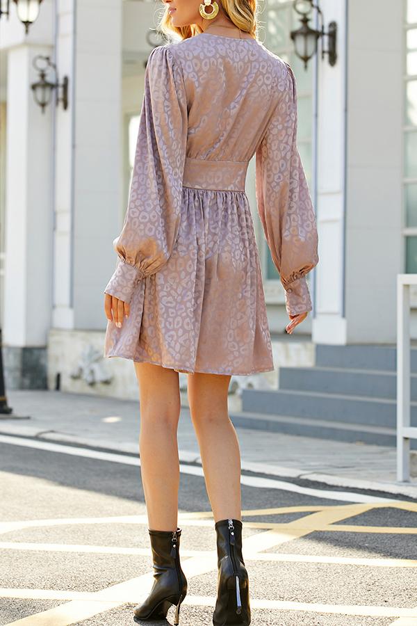 V-neck Lantern Sleeves Waist Mid-length Skirt Purple Leopard Print Gentle Wind Temperament Skirt