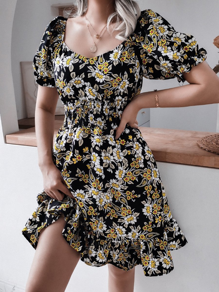 Fashion Casual Print Split Joint Square Collar A Line Dresses