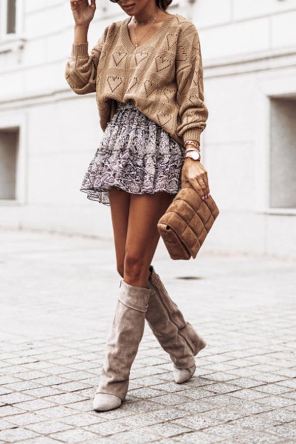 V-neck Heart-shaped Hollow Loose Knit Sweater