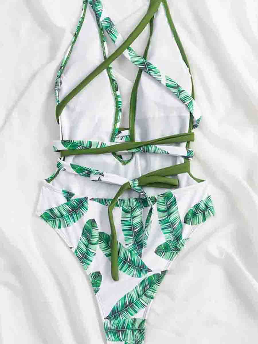 Floral Print Patchwork Green One-piece Swimsuit