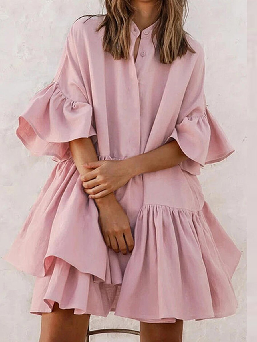 Solid Flared Half-sleeve Pleated Babydoll Dress