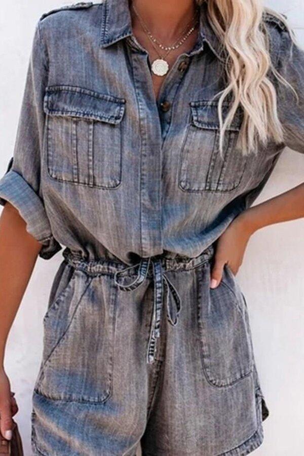 Loose Denim Long-sleeved Romper