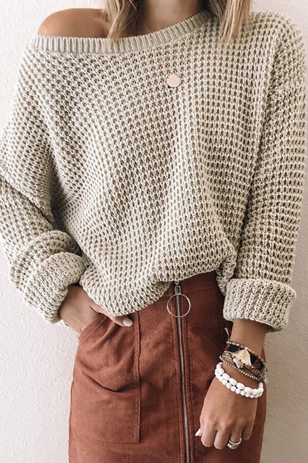 Solid Oblique Collar Eyelet Knit Sweater
