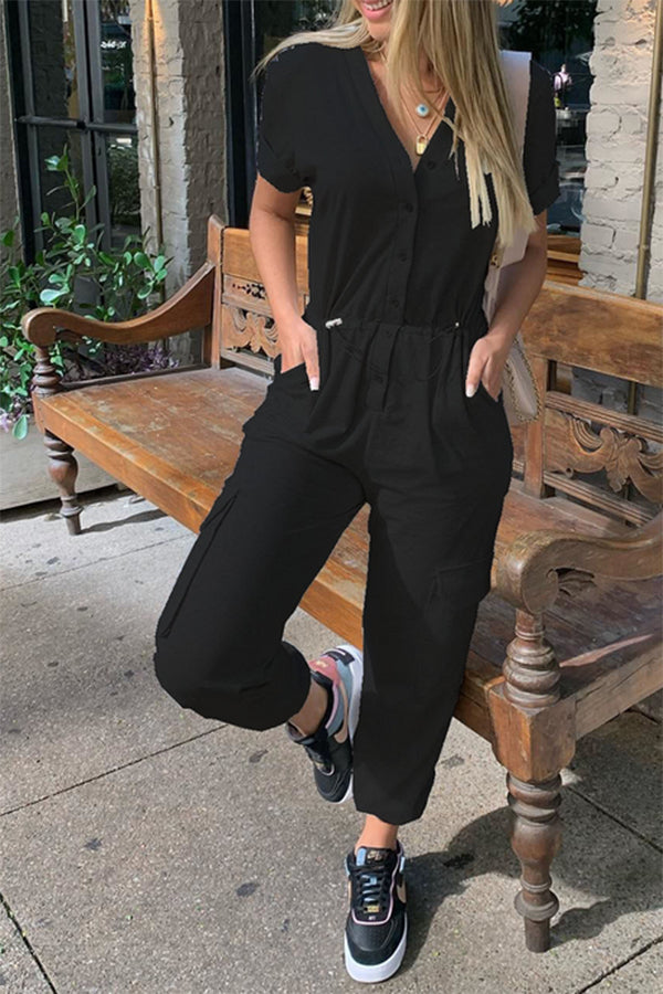 Solid Split Joint V Neck Harlan Jumpsuits