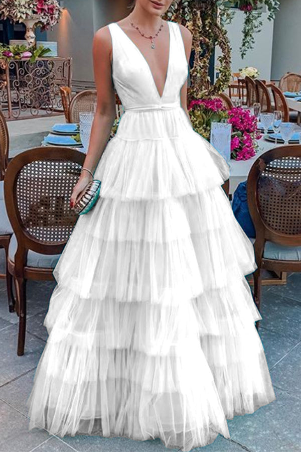 Mesh Cake Sling Sleeveless Maxi Dress