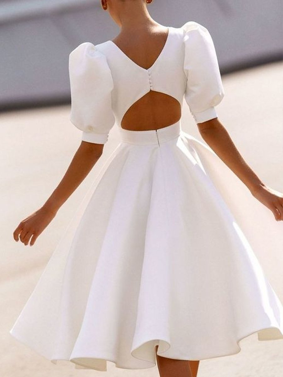 Glam Cutout Back Solid Puff Sleeve Midi dress