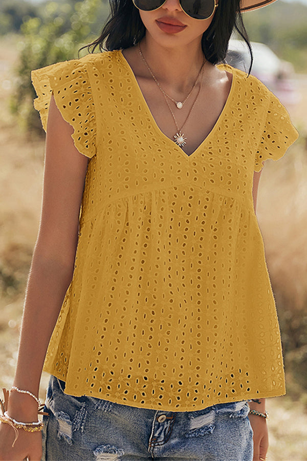 V-neck Lotus Leaf Sleeve Hollow Loose Women's Top