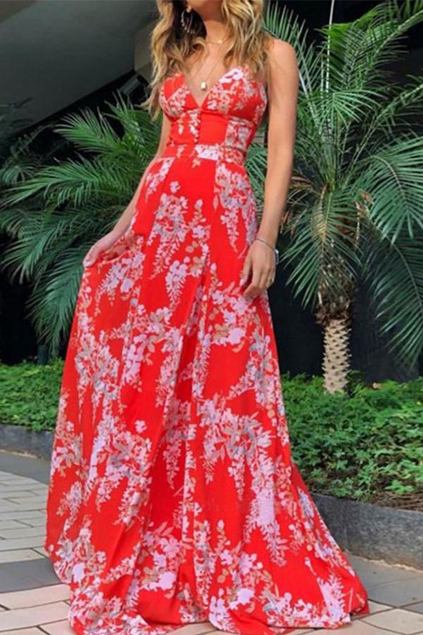 Red Floral Print Buttons Cross Back Spaghetti Strap V-neck Bohemian Maxi Dress