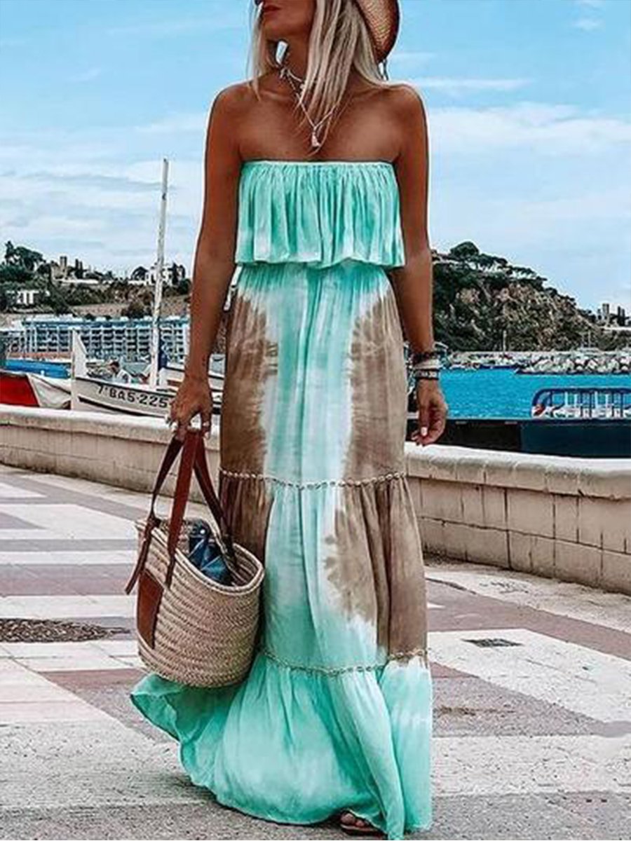 Off-the-shoulder Strapless Tie-dye Maxi Vacation Dress
