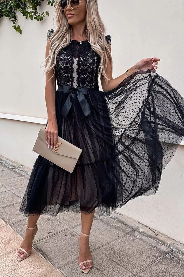 All The Romance Bow Tie Lace Midi Dress