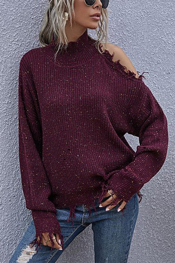 Off-shoulder Ripped Long-sleeved High-neck Knitted Sweater