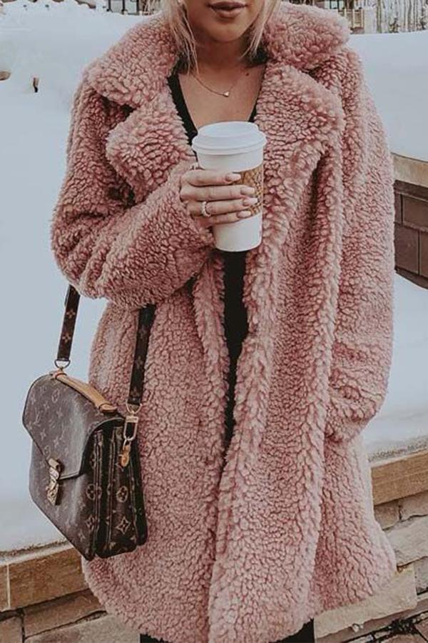 Fluffy Long Sleeve Solid Color Outerwear