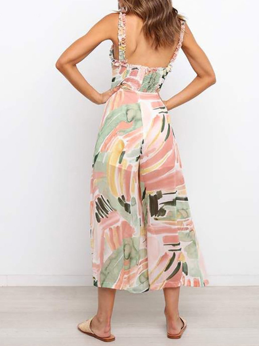 Suspender Jumpsuit Printed Wide Leg Pants