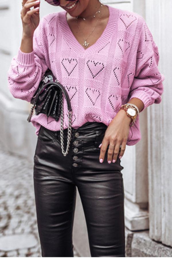 V-neck Heart-shaped Hollow Loose Knit Sweater