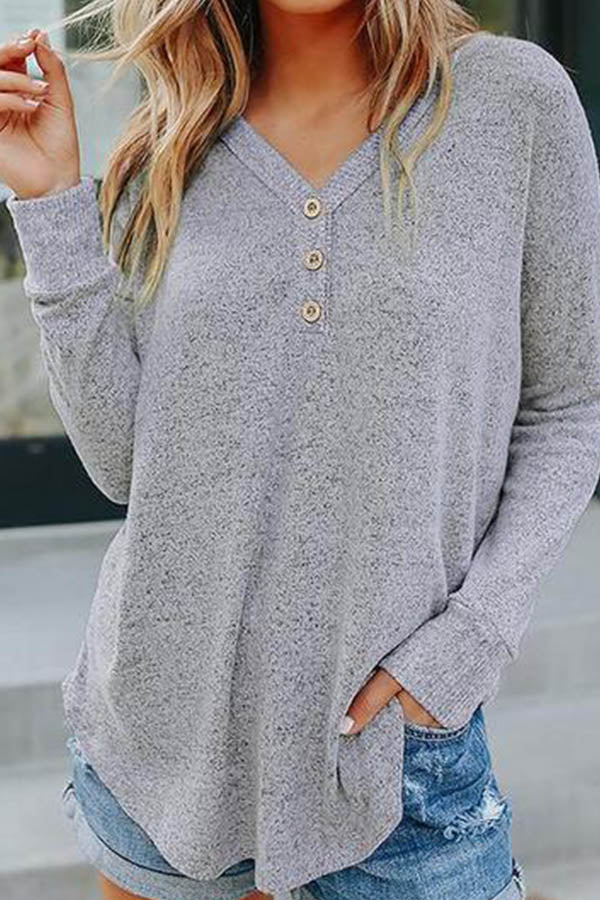 V-Neck Buttoned Knitted Henley Top