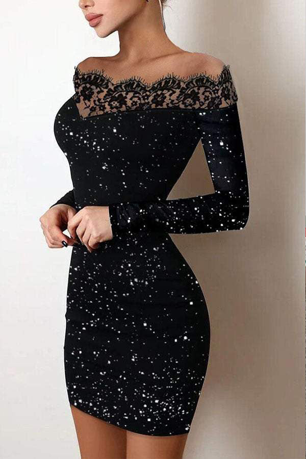 Janan Off Shoulder Contrast Lace Glitter Dress