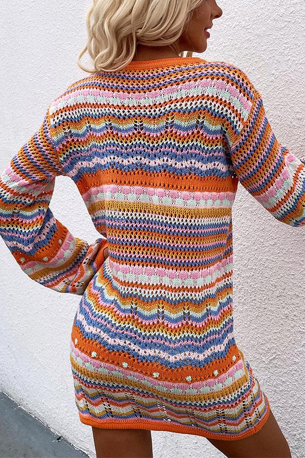 Rainbow Striped Pullover Mid-length Sweater