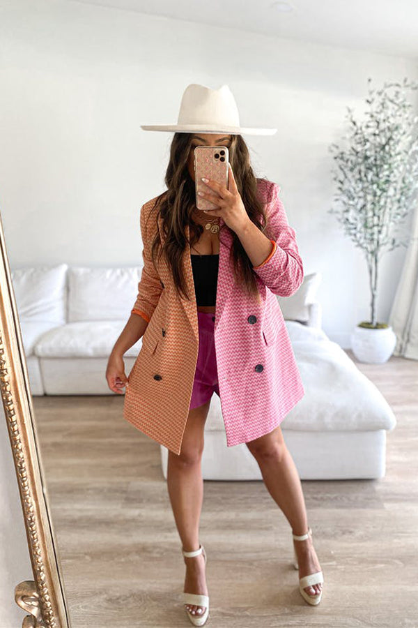 Pink Orange Color Matching Geometric Pocket Suit Coat