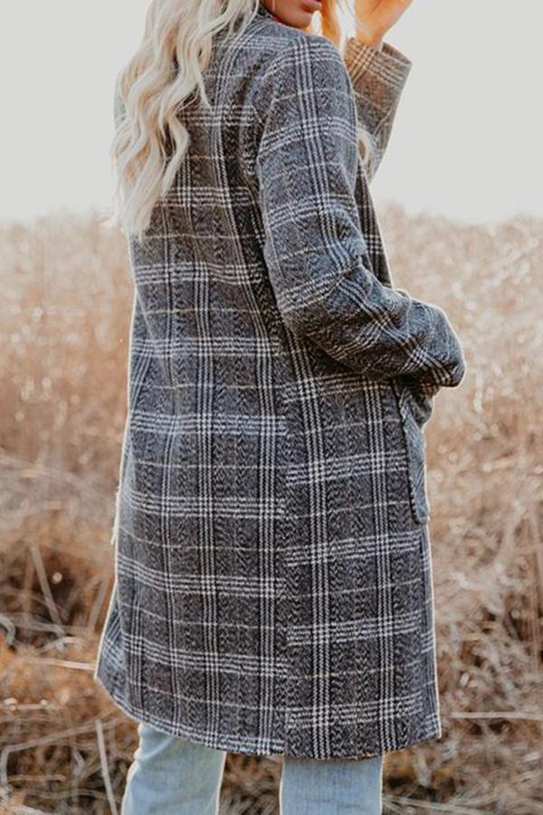 Plaid Lapel Long Sleeve Pocket Midi Boucle Coat