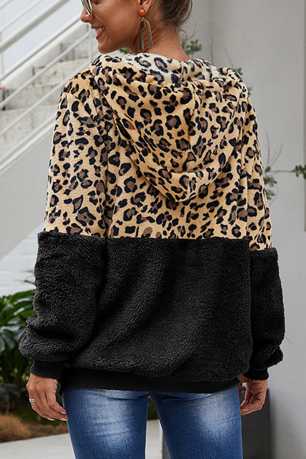 Leopard Patchwork Hooded Plush Coat