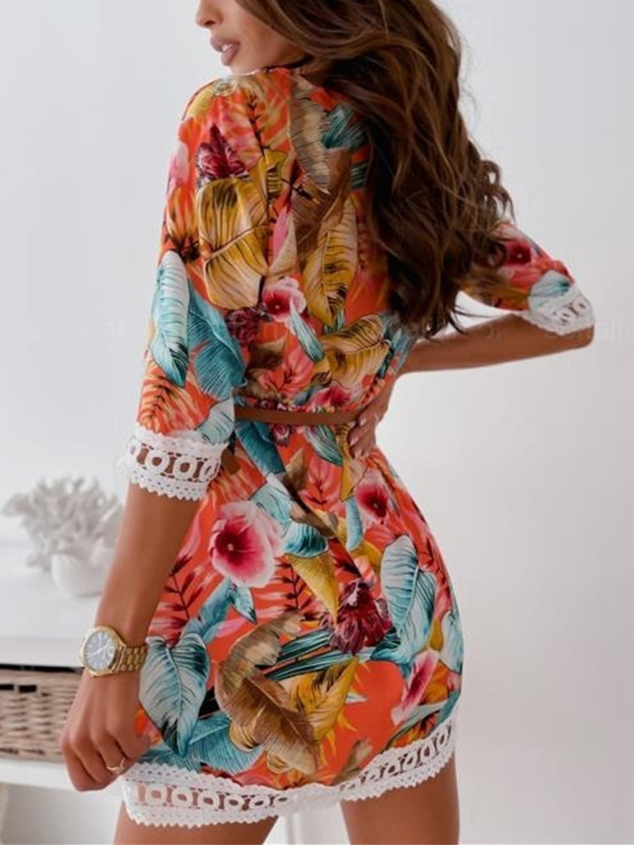 V-neck Print Lace Stiching Mini Dress