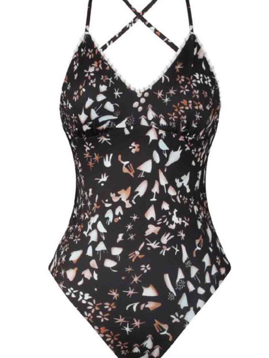 Black Tiny Floral One-piece Swimsuit