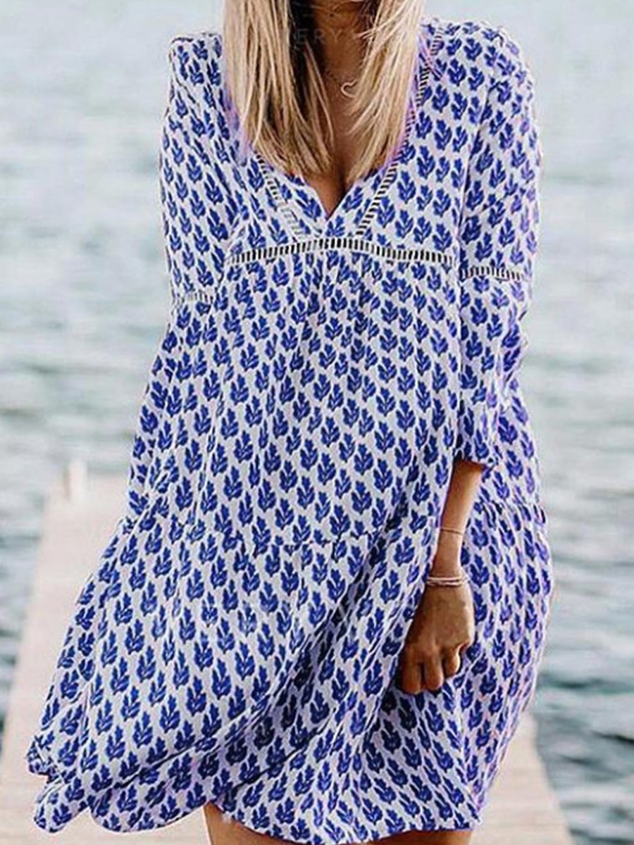 V-neck Nine Points Sleeve Leaf Print Mini Dress