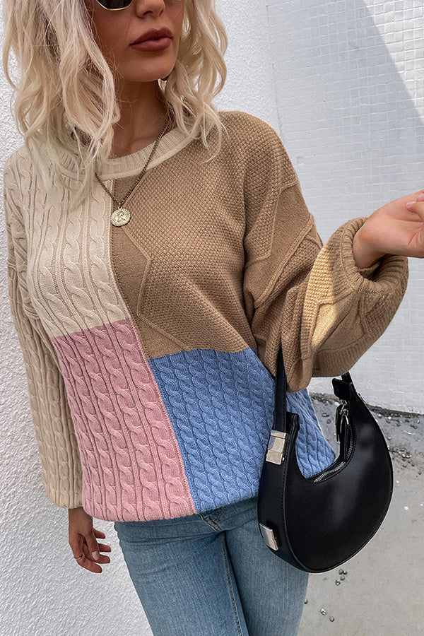 Square Stitching Contrast Color Twist Lantern Sleeve Sweater