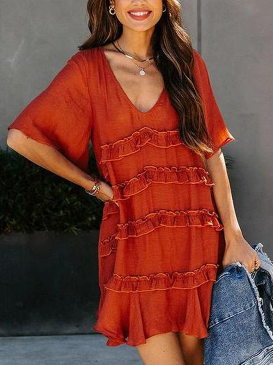 V-neck Half-sleeve Ruffle Mini Dress