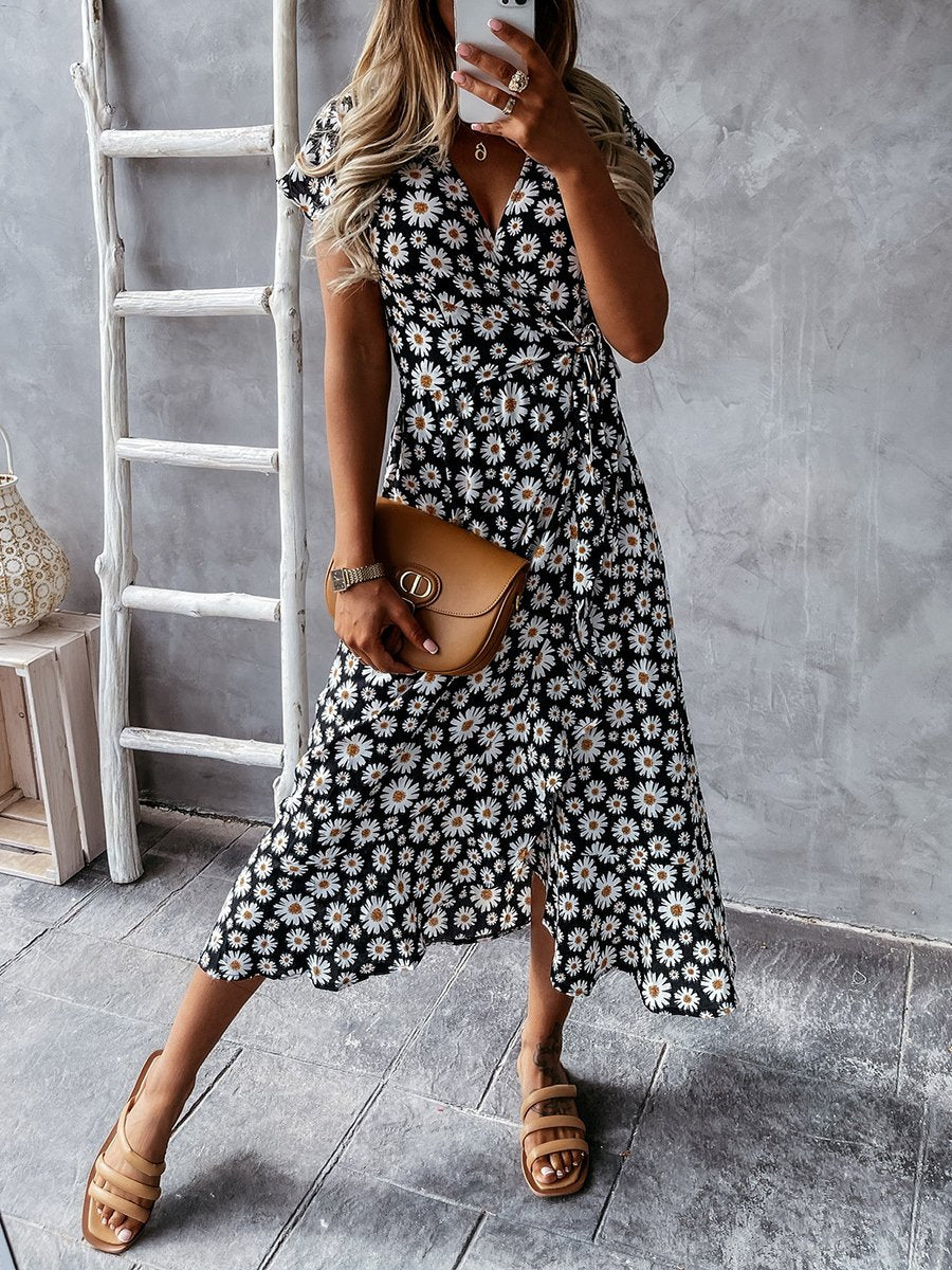 Daisy Print V-neck Short Sleeve Wrap Maxi Dress