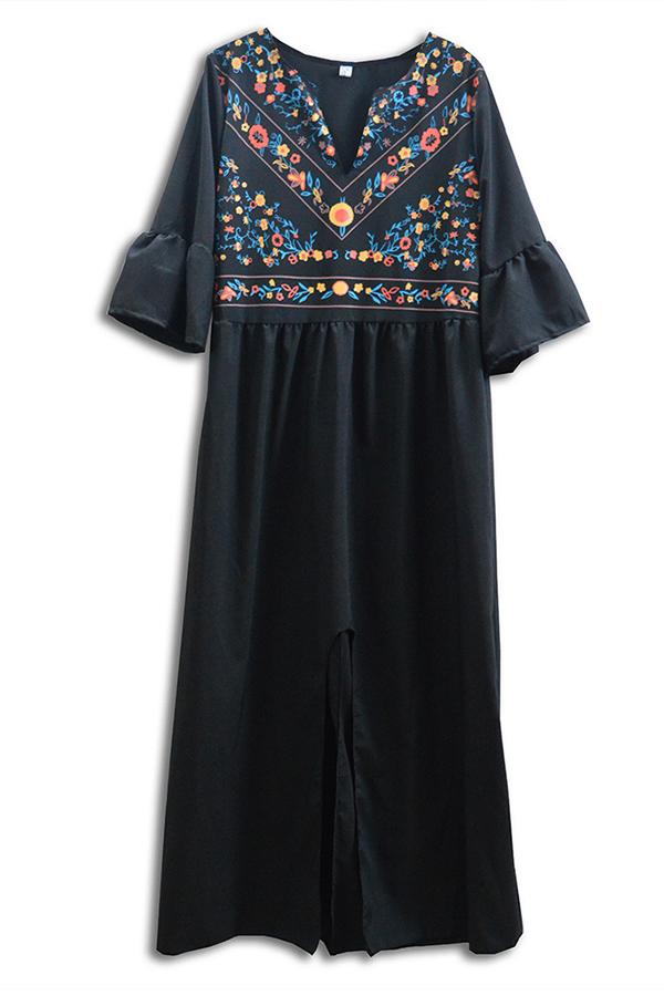 Pleated Front Slit Bell Sleeve Mexico Bohemian Beachwear Maxi Dress