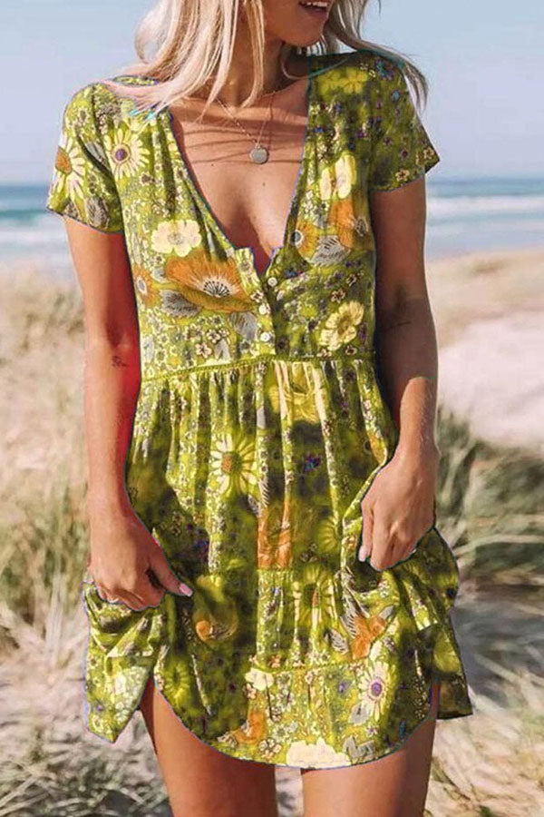 V-neck Short Sleeve Boho Print Mini Dress