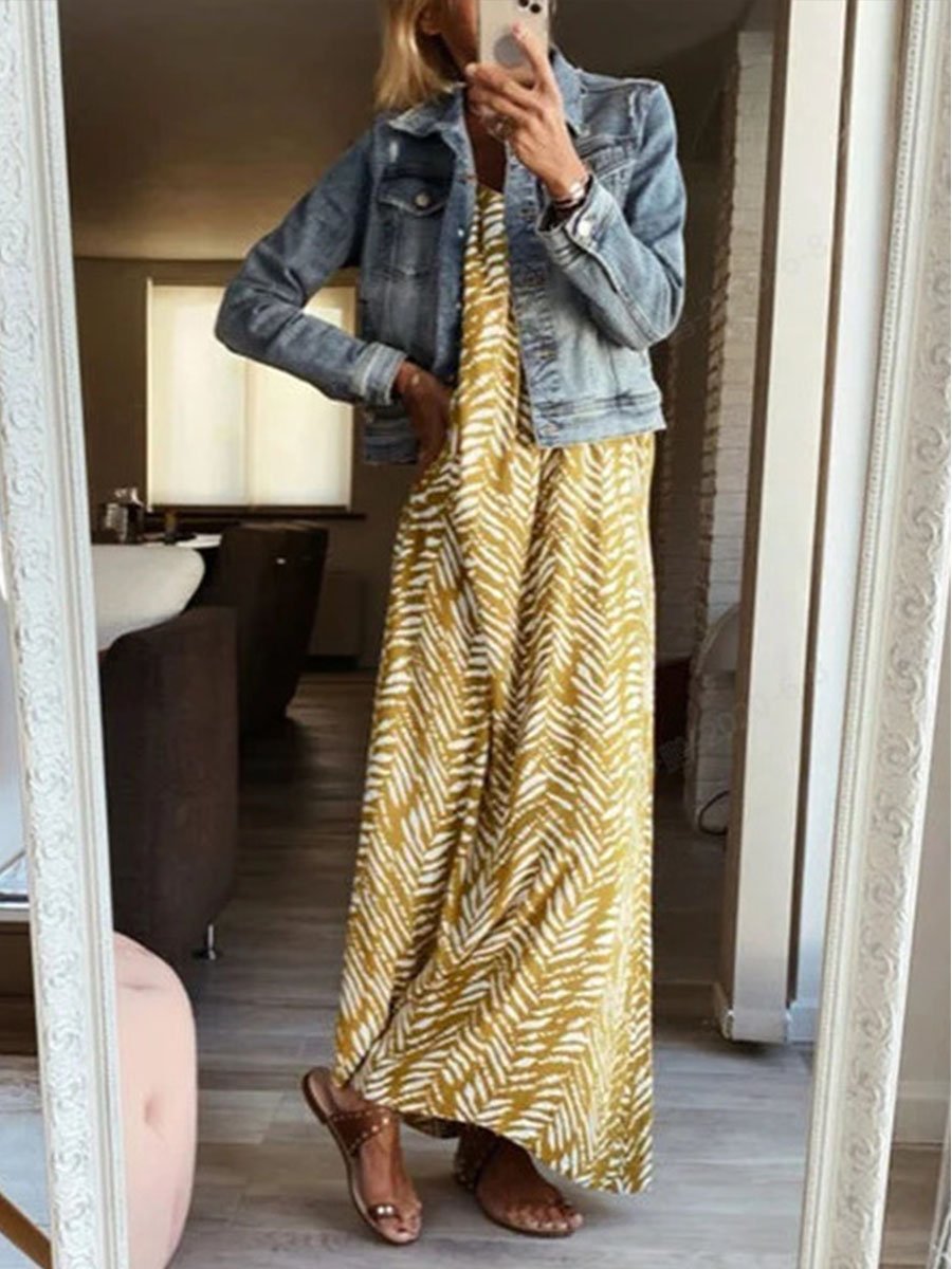 Stylish Spaghetti Straps U-Collar Printed Maxi Dress