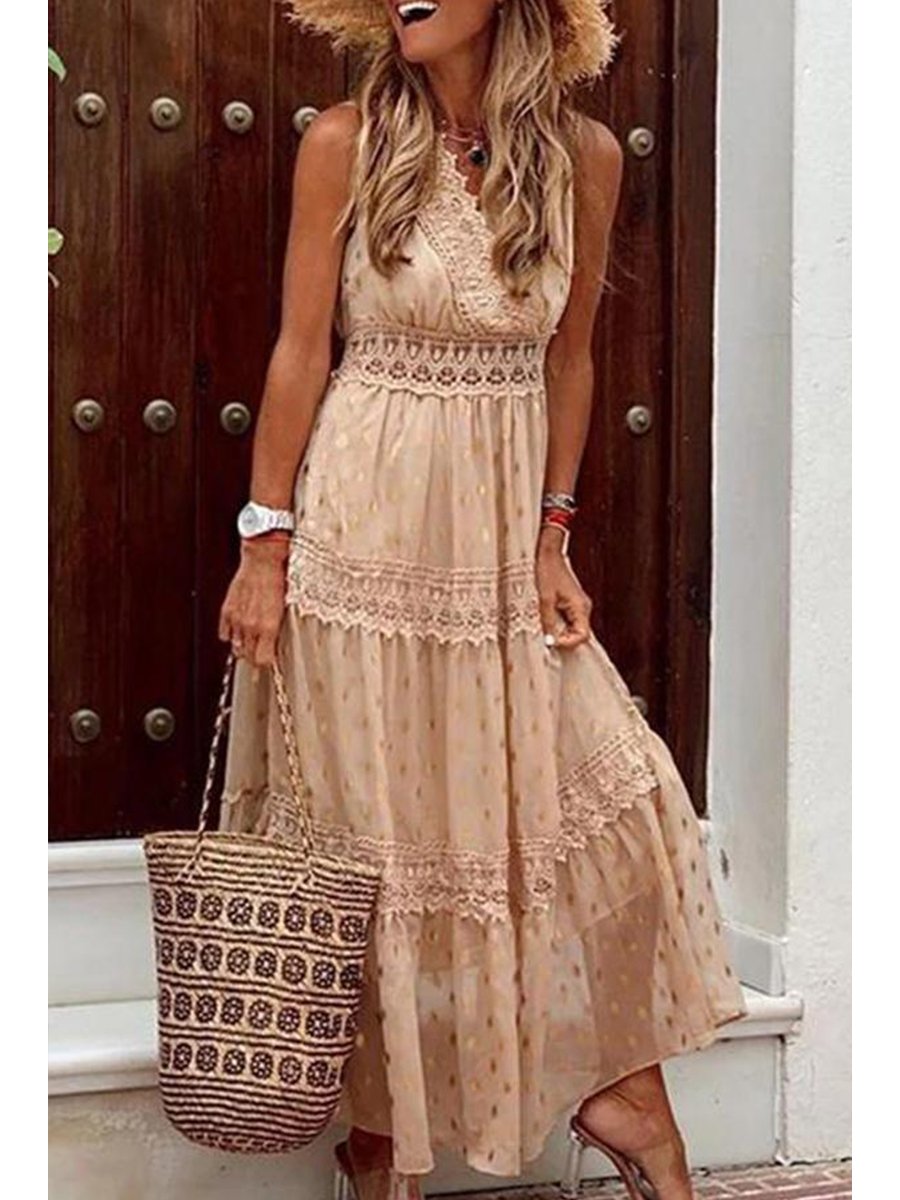 Stylish PolkaDots Print Lace V-Neck Maxi Dress