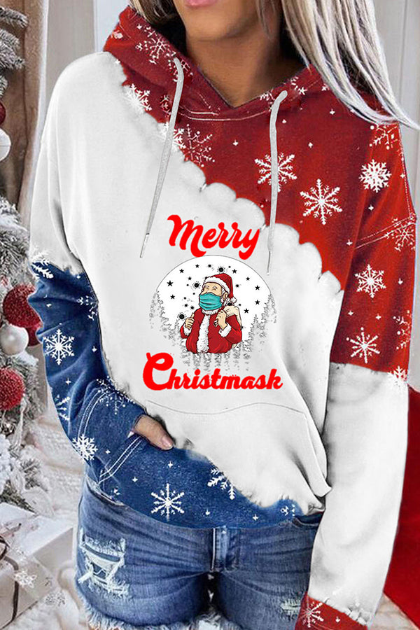 Santa Claus Print Color Block Hoodie (Red and blue)