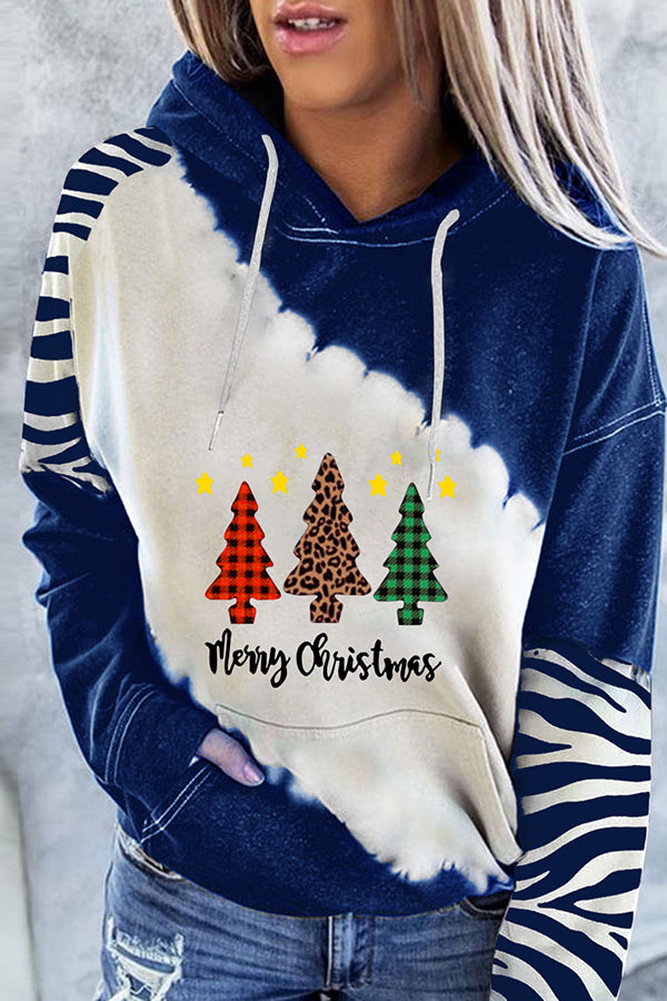 Santa Claus Print Color Block Hoodie (Blue )