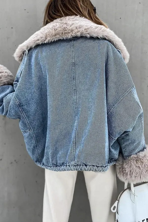 Thickened Warm Denim Coat With Large Fur Collar