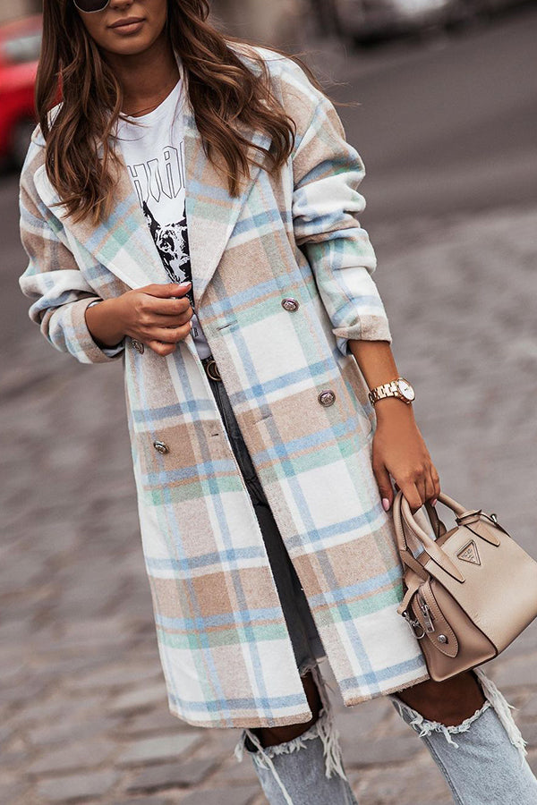 Long-sleeved Single-breasted Plaid Woolen Coat