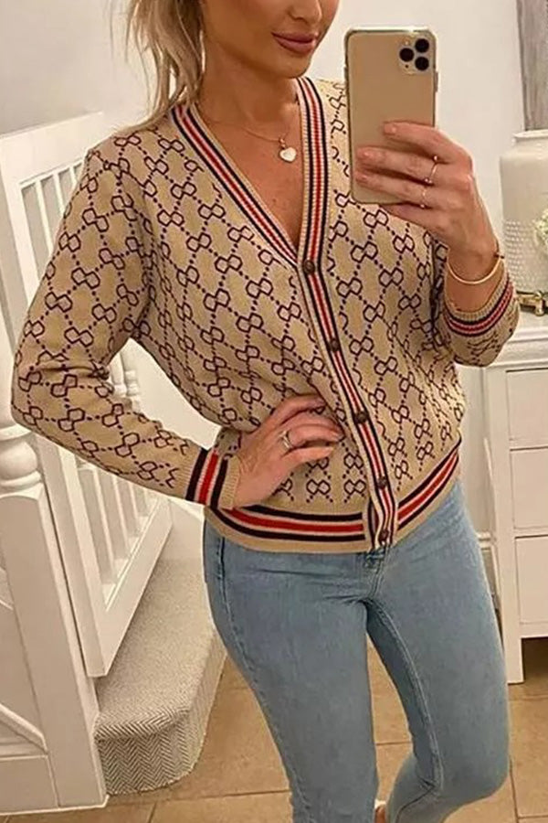 Reversible Letter Print Button Cardigan