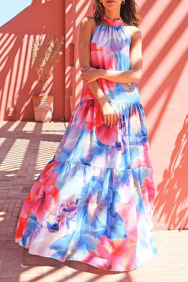 Temperament Halter Neck Sleeveless Print Swing Maxi Dress