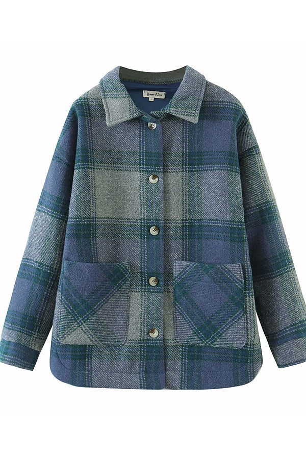 Turn Down Collar Plaid Print Long-sleeve Overcoat