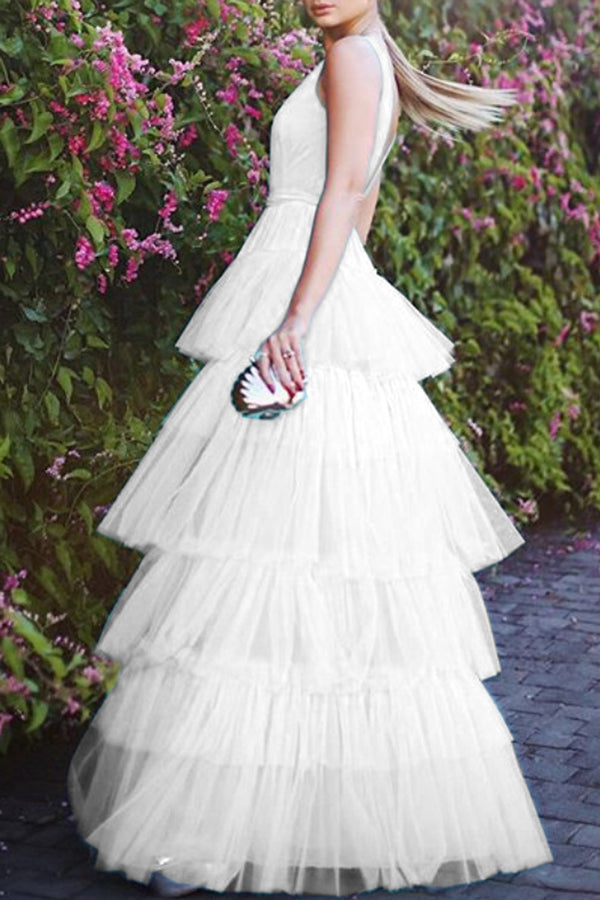 Mesh Cake Sling Sleeveless Maxi Dress